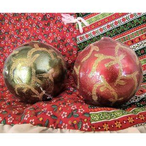 Red and Green Sphere Candles w/ Gold Scroll Glitter, Vintage Candle Decorations